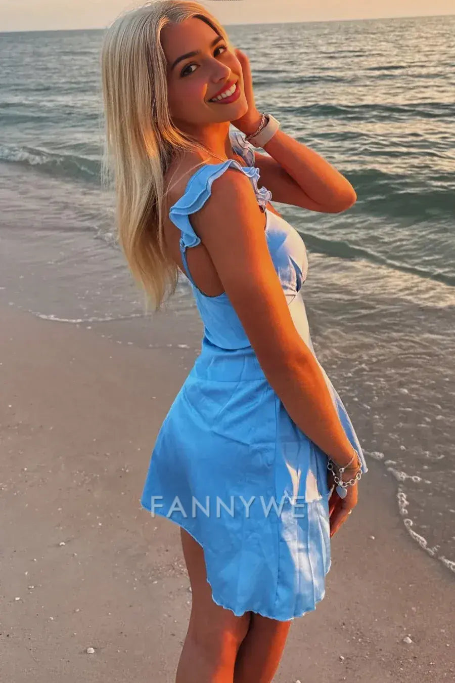 FannyWe Elegant Blue A-Line Straps V-Neck Satin Sleeveless Short Homecoming Dress formal wear dresses